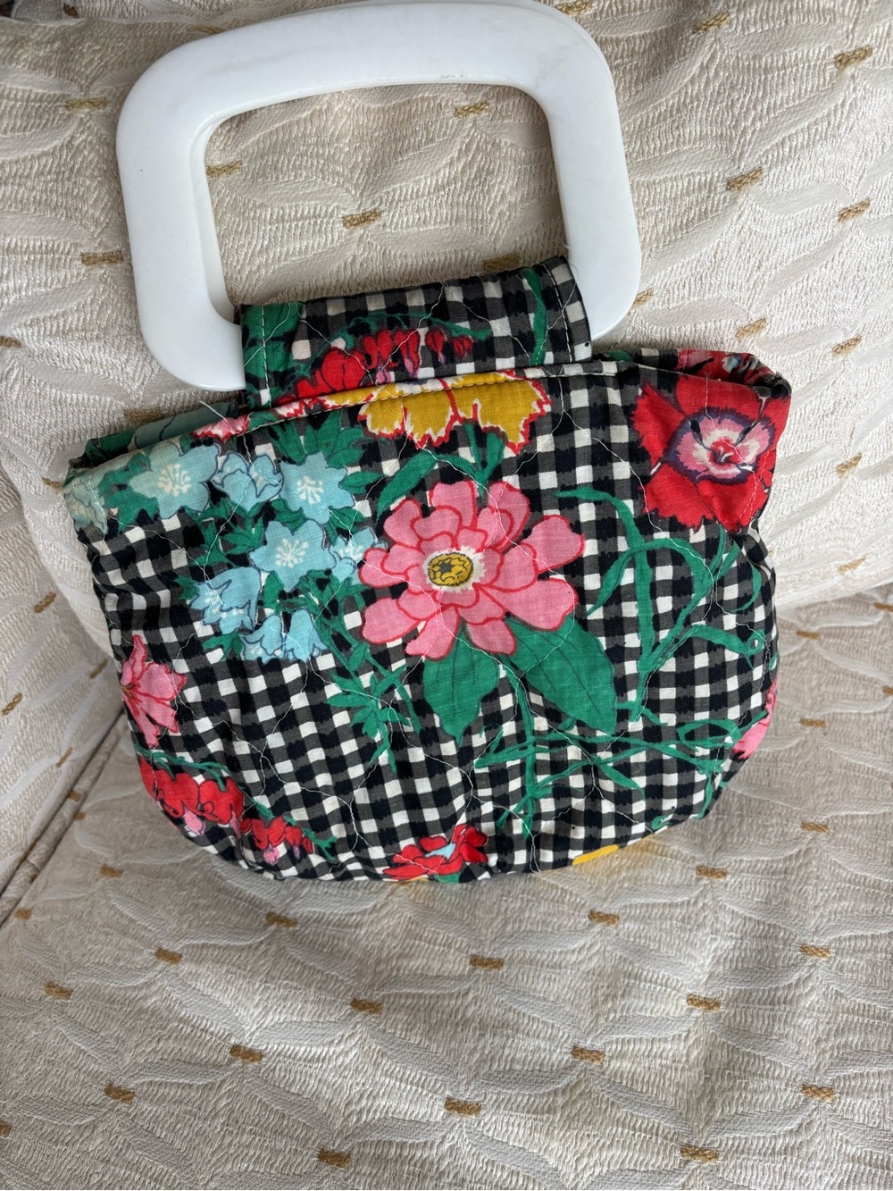 Vintage Quilted Floral Handbag with White Lucite Handles